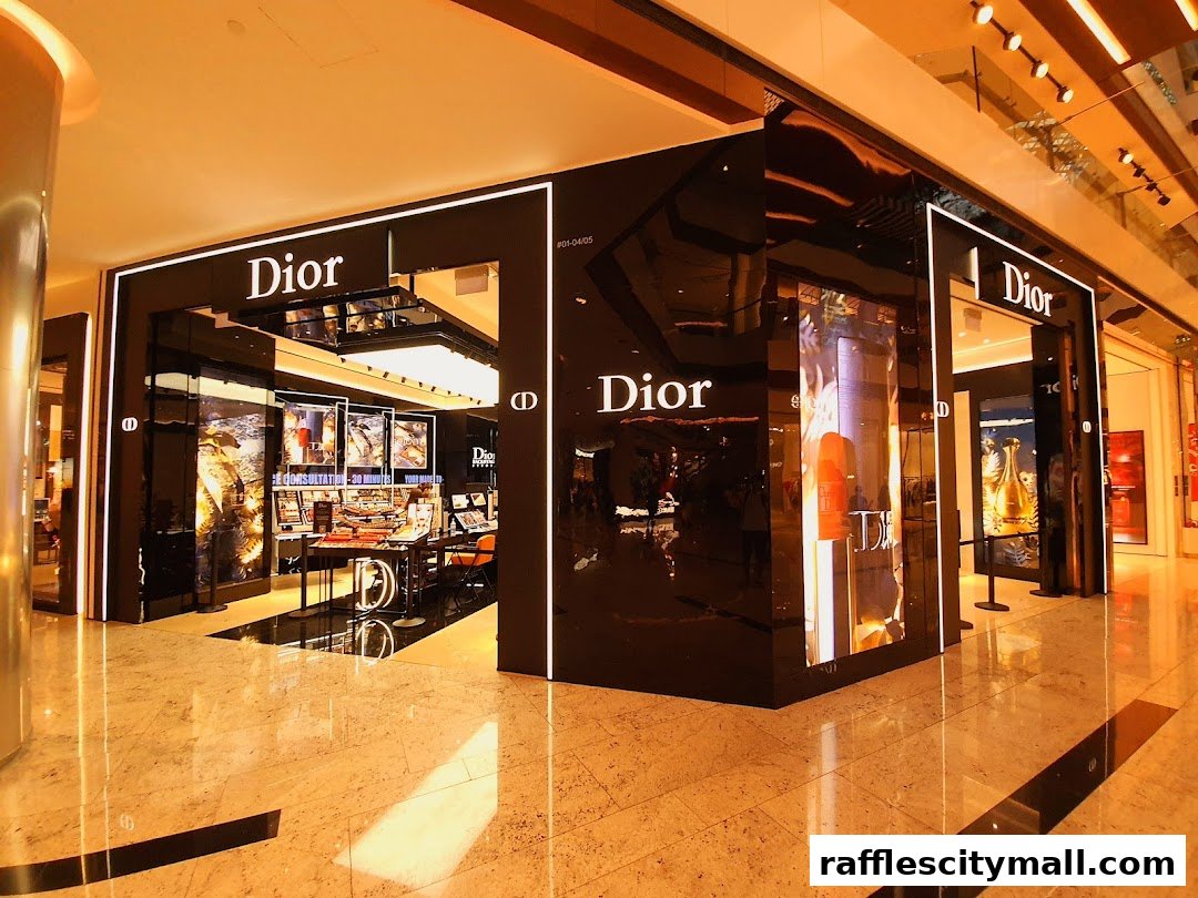 The exterior of a modern Dior Beauty boutique with illuminated signage and displays.