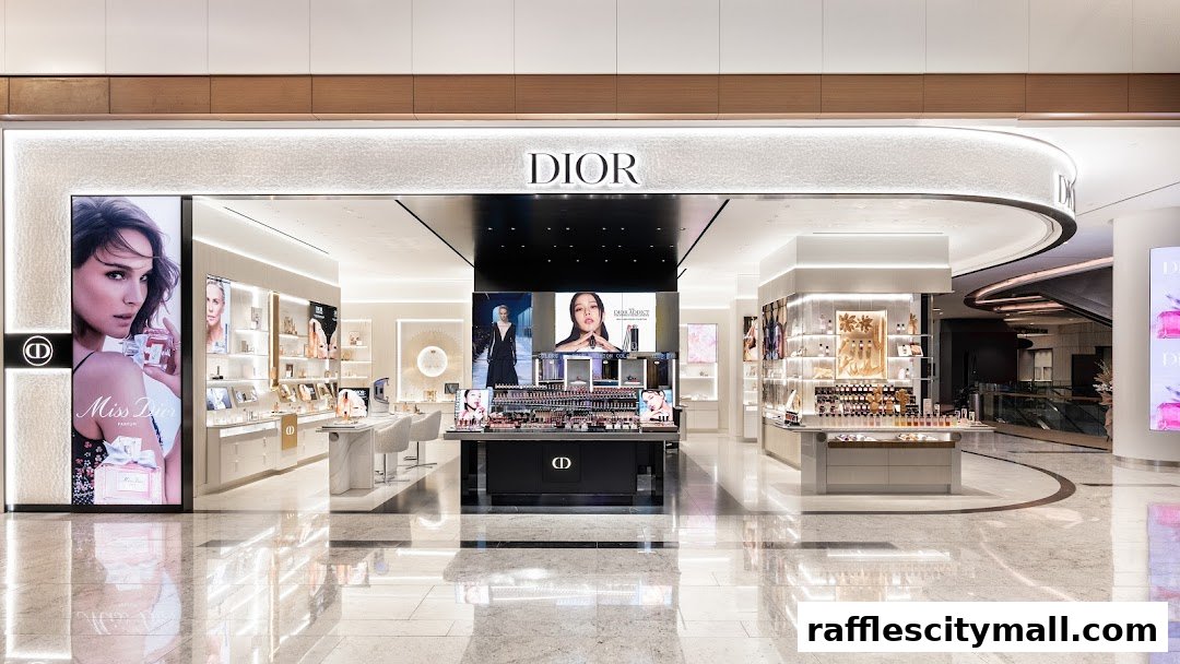 The elegant Dior Beauty boutique showcases makeup and fragrances with prominent advertising displays.