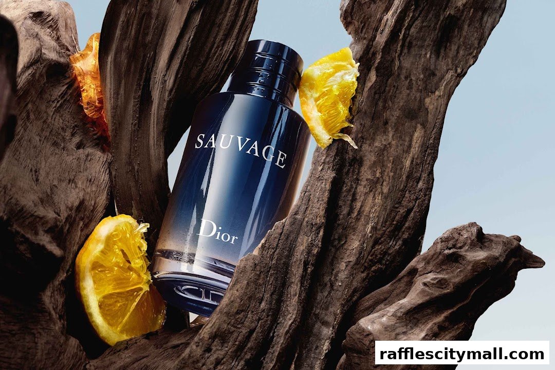 Dior Sauvage fragrance bottle displayed with natural elements like wood and citrus.