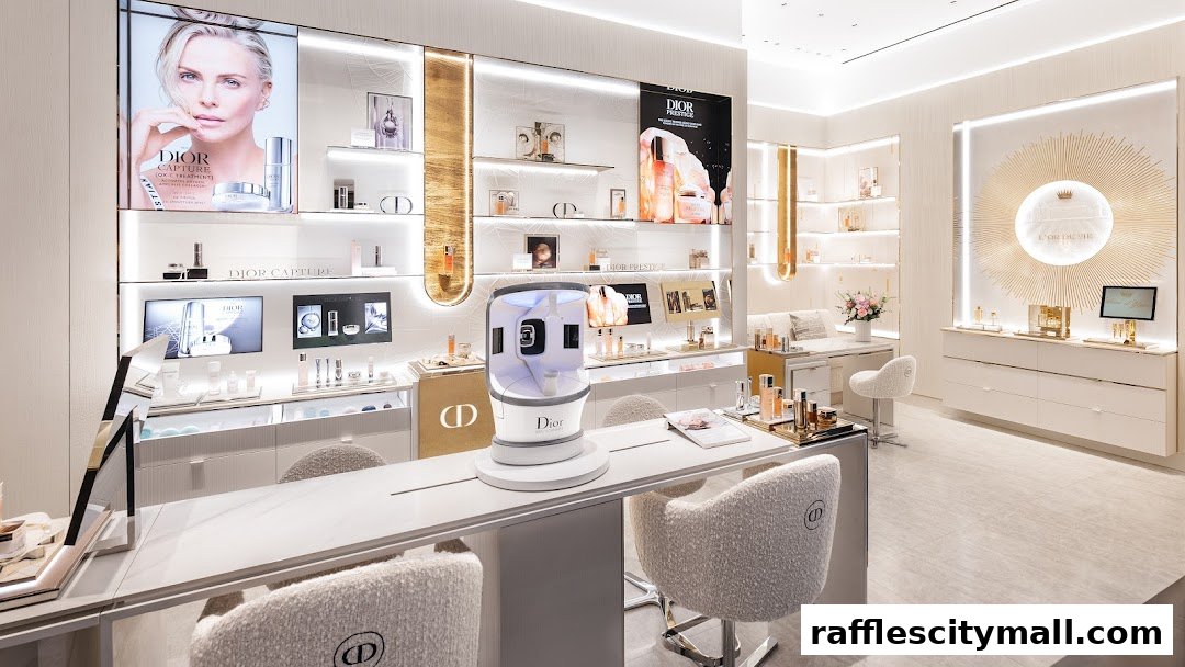 Interior of a luxurious Dior Beauty boutique showcasing skincare products and elegant displays.