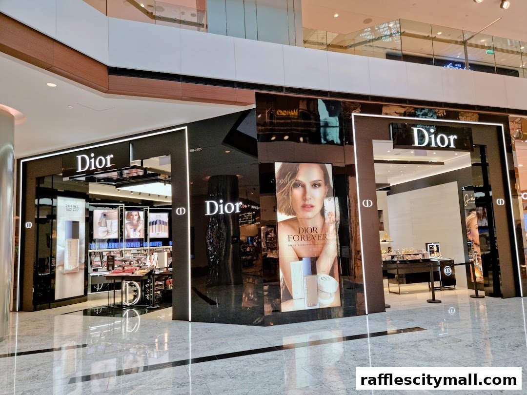 The Dior Beauty boutique at Raffles City features a sleek, modern design with illuminated signage and product displays.
