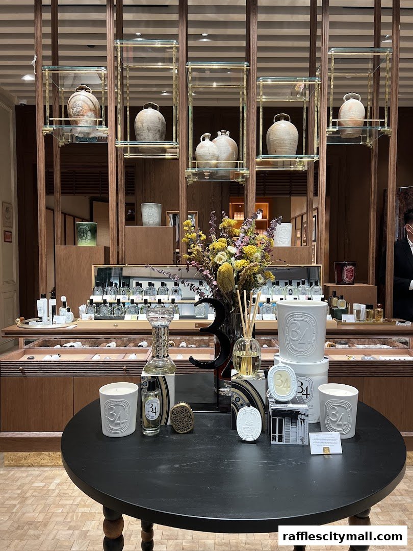 Diptyque Raffles City shop interior with display of candles, perfumes, and decorative vases.