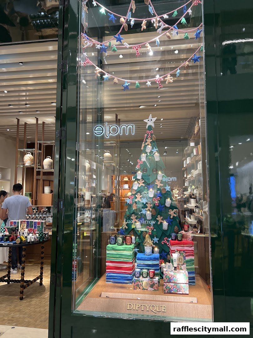 Diptyque store window display featuring a Christmas tree decorated with gingerbread men and stars.