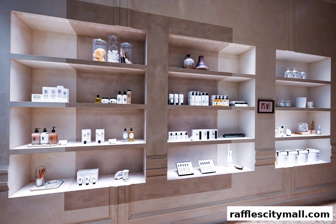 A well-lit display of Diptyque skincare and home fragrance products on shelves.