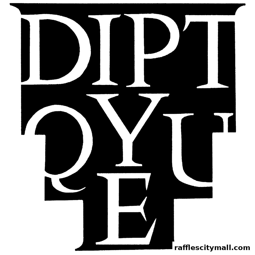 The Diptyque Raffles City logo is displayed in bold white lettering on a black background.