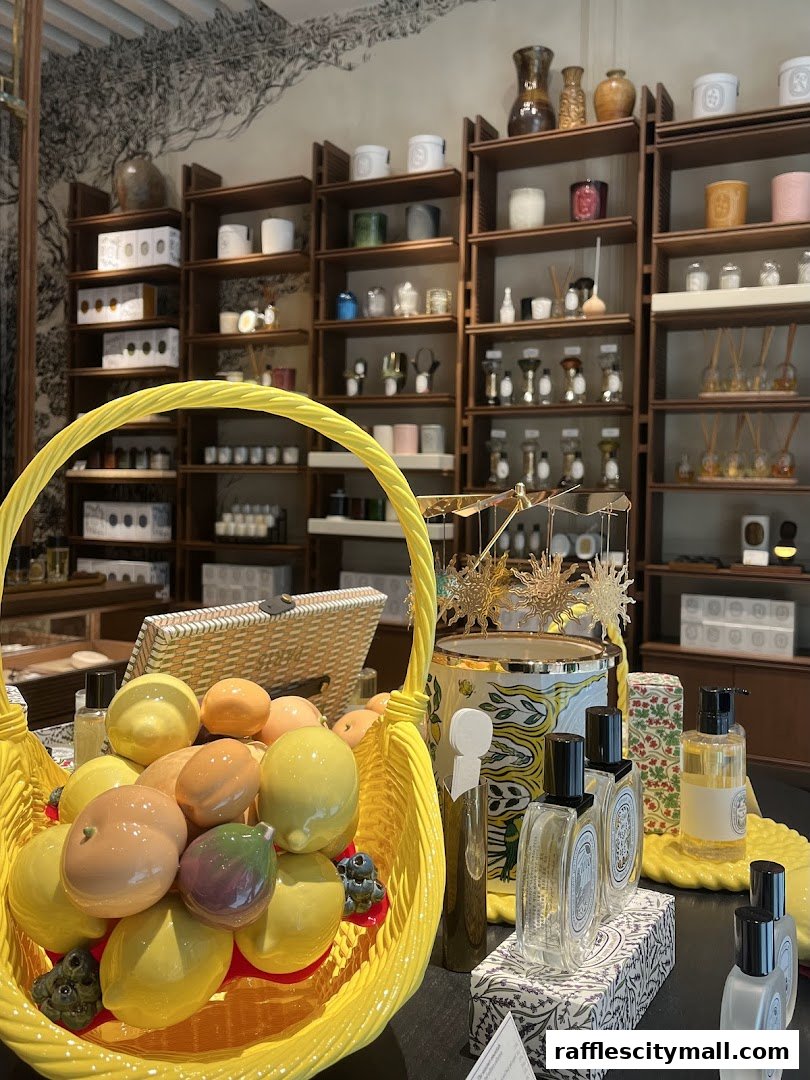 A bright yellow basket filled with faux fruit sits in front of shelves stocked with Diptyque products.