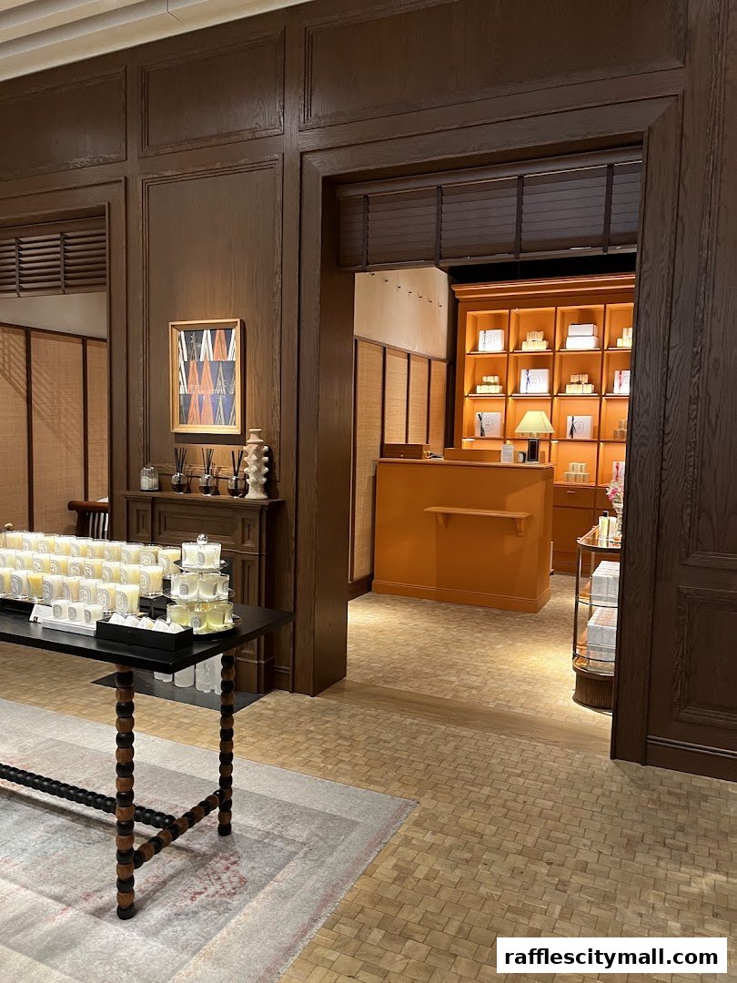 Interior view of a Diptyque store with display tables and shelves filled with products.