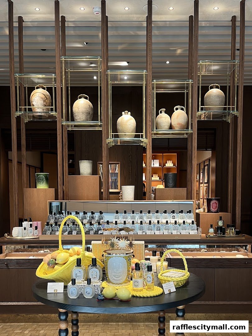 Diptyque Raffles City shop interior with decorative vases and perfume displays.