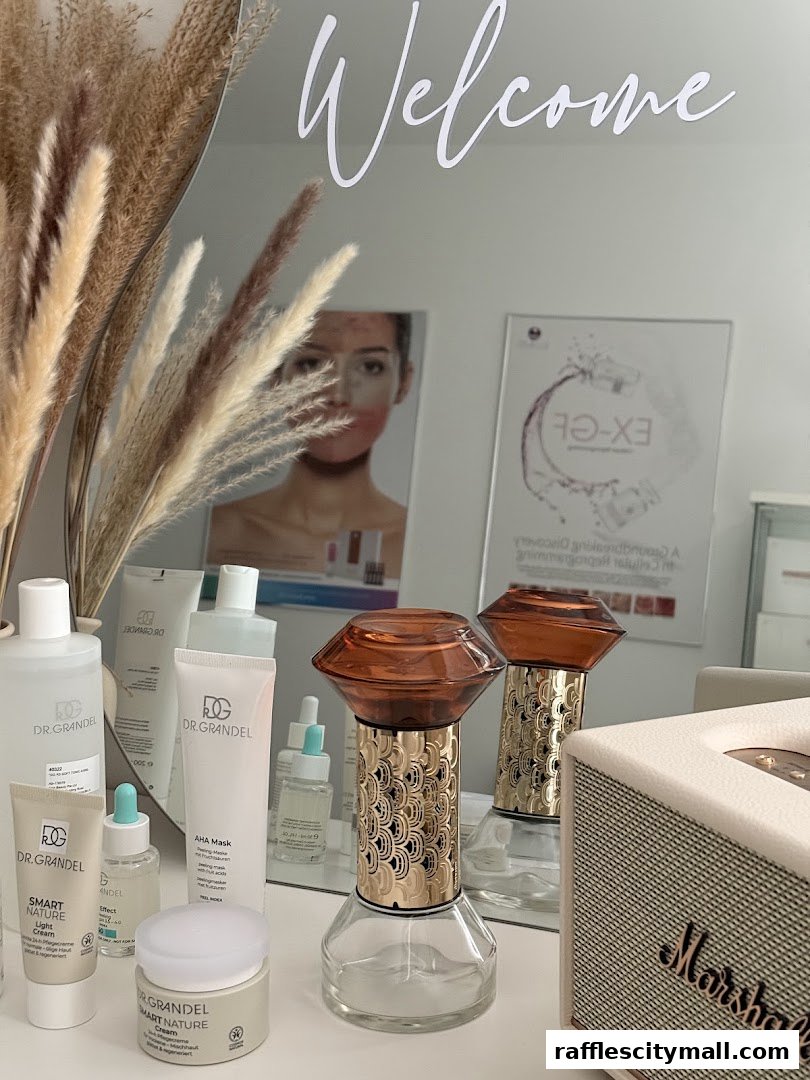 A display of Dr. Grandel skincare products with decorative lamps and a Marshall speaker.