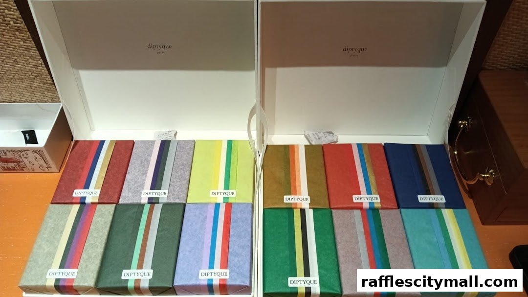 Diptyque Paris gift boxes with colorful striped wrapping paper.