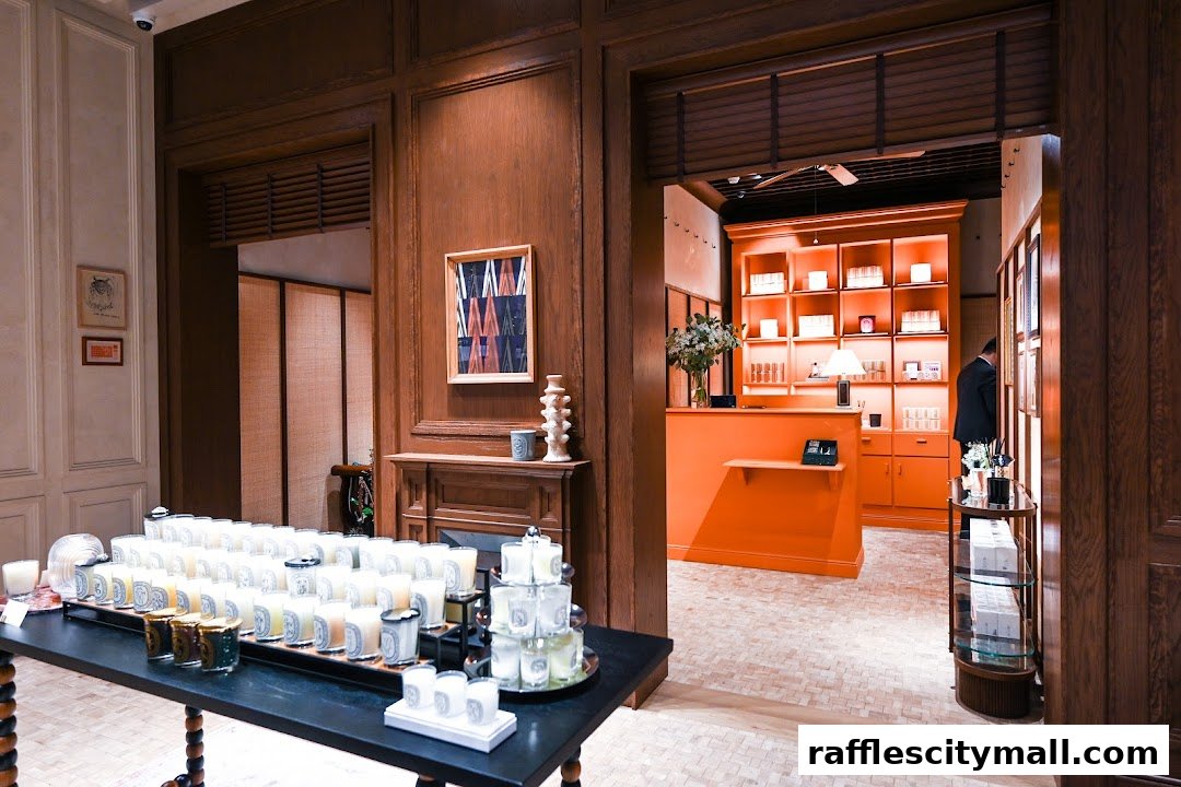Interior of a Diptyque store showcasing a large display of candles and a vibrant orange counter.