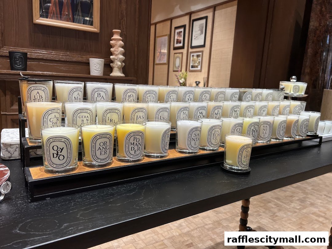 A display of many Diptyque scented candles arranged on shelves.