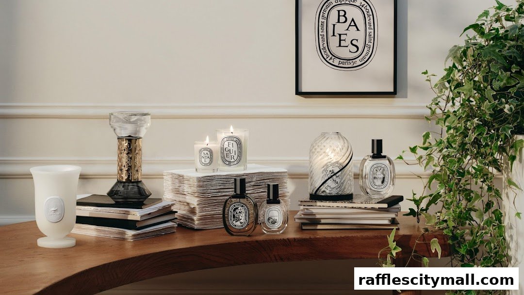 Diptyque candles and perfumes displayed on a wooden table with books and plants.