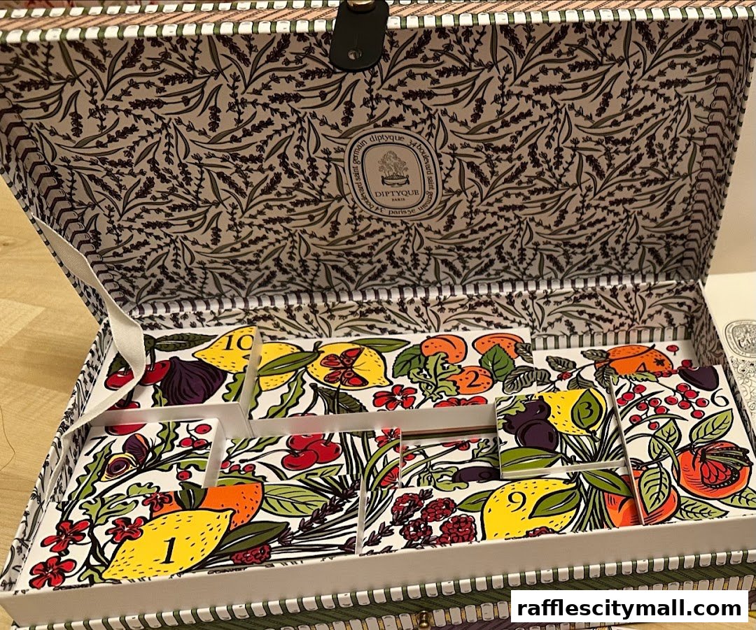 An open box filled with numbered compartments featuring fruit and floral designs.