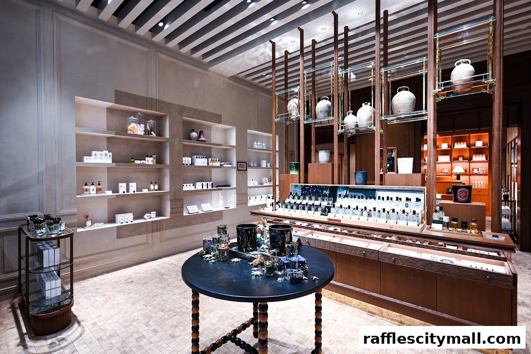 Interior of a Diptyque store showcasing perfumes, candles, and home fragrances on shelves and display tables.
