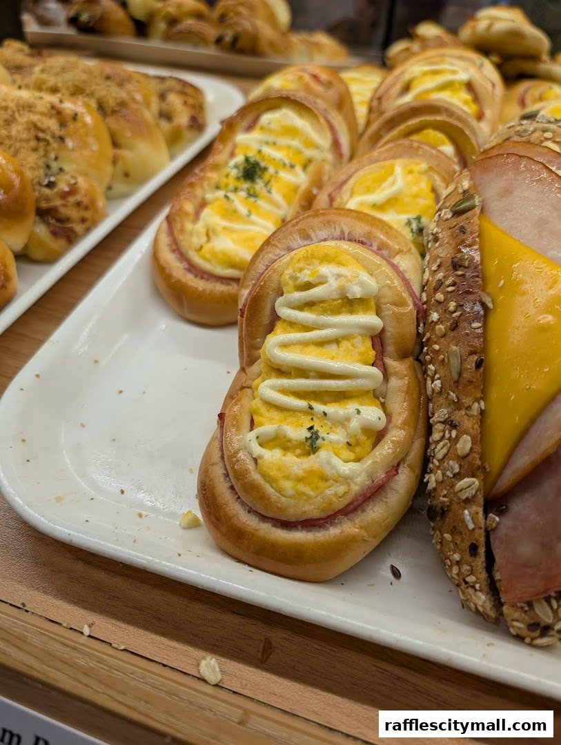 A close-up of various savory pastries and bread with ham, cheese, and scrambled eggs.