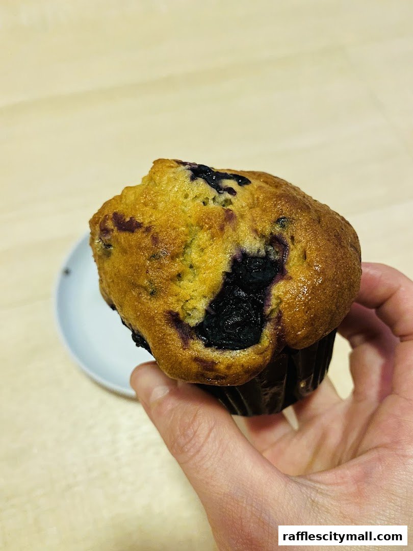 A hand holds a freshly baked blueberry muffin with visible blueberries.