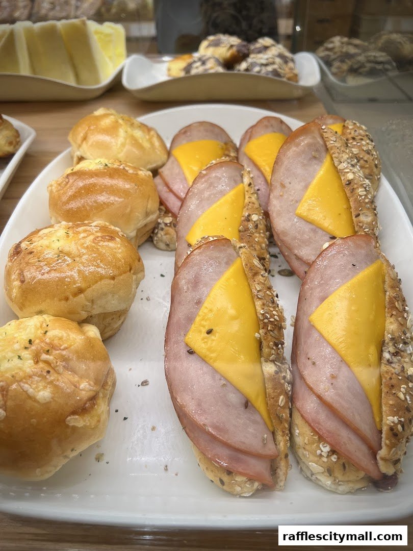 A close-up of freshly baked bread rolls and ham and cheese sandwiches on a white platter.
