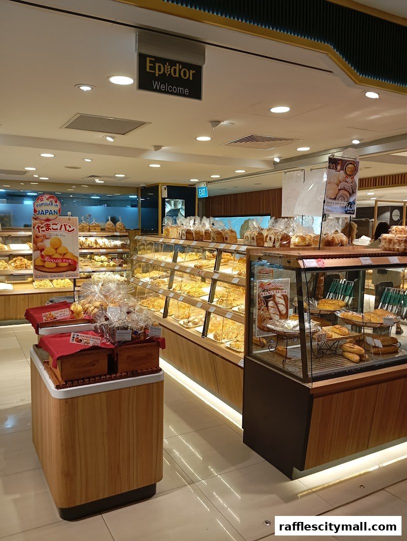 Interior view of a bakery with display cases filled with various baked goods.