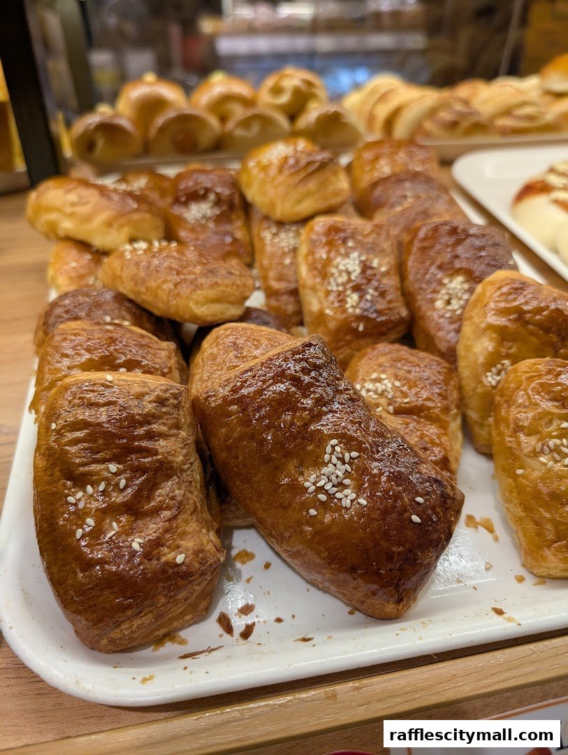A close-up of freshly baked pastries with sesame seeds on a white tray.