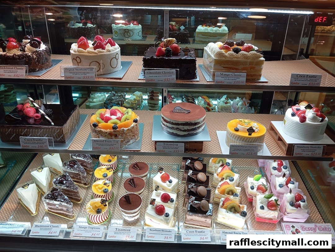 A display case filled with a variety of beautifully decorated cakes and pastries.