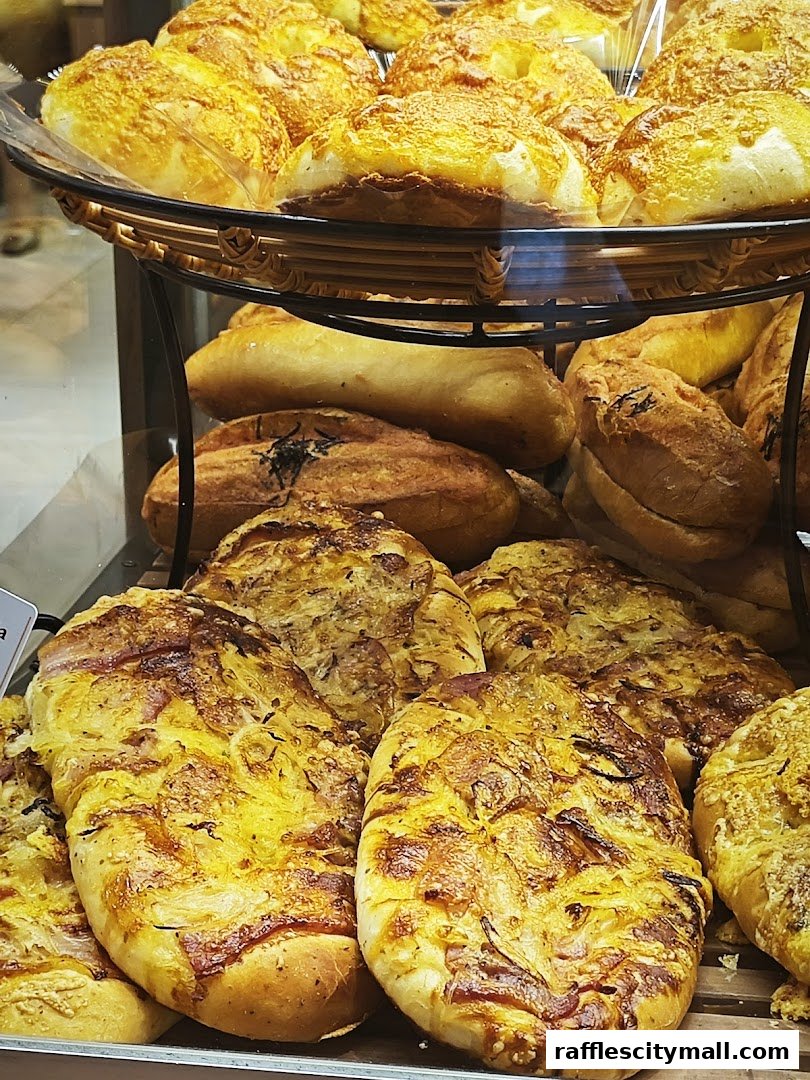 A close-up view of various freshly baked savory pastries and breads on display.