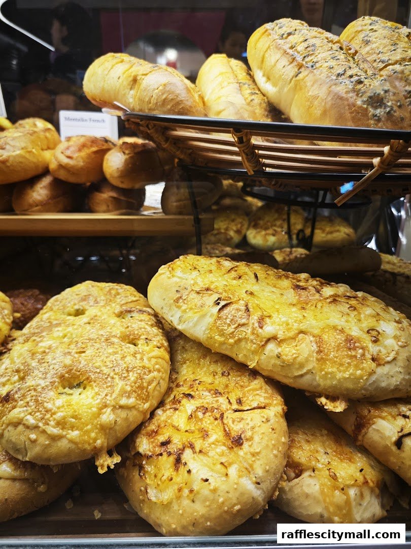 A close-up view of freshly baked bread and pastries displayed in a bakery.