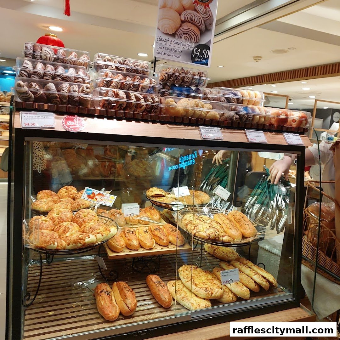 A display case filled with various freshly baked breads and pastries at Epi Dor.