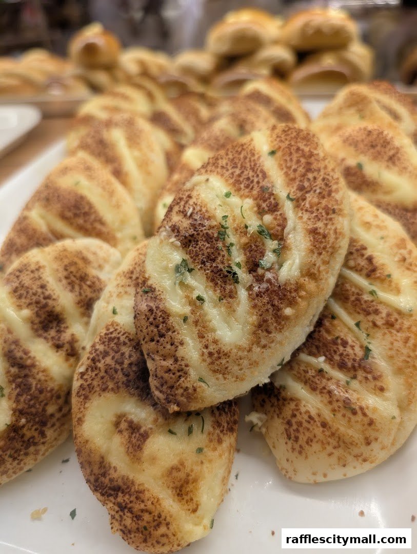 A close-up shot of freshly baked pastries with a creamy filling and a sprinkle of herbs.