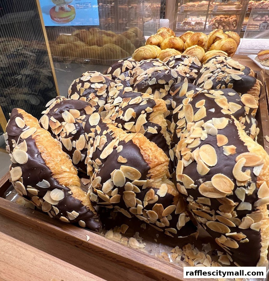 A close-up view of chocolate-covered croissants with almonds on display.