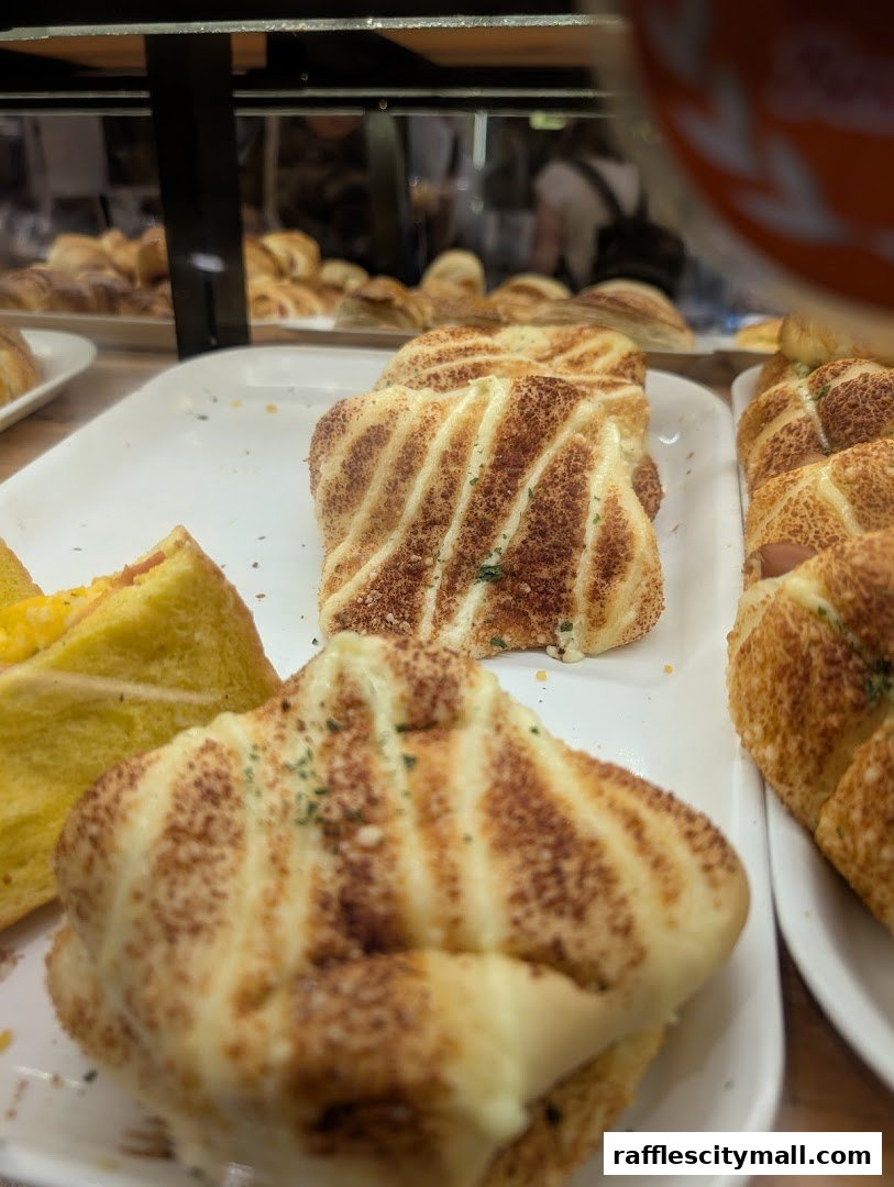 Close-up of freshly baked pastries and sandwiches on display at Epi Dor.