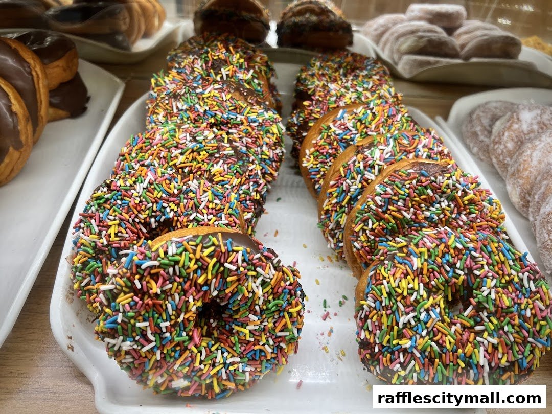 A close-up of colorful sprinkle-covered donuts and chocolate-glazed pastries on display.