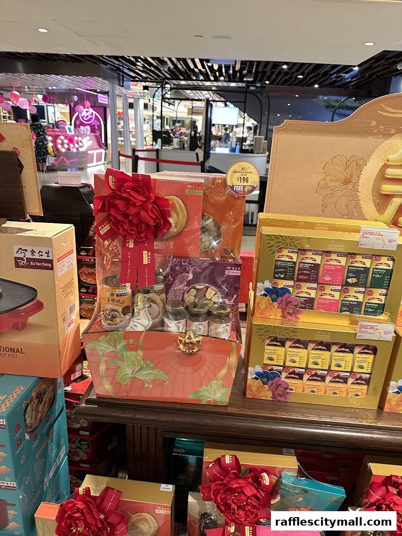 A festive gift basket filled with assorted health products and treats, displayed in a retail store.