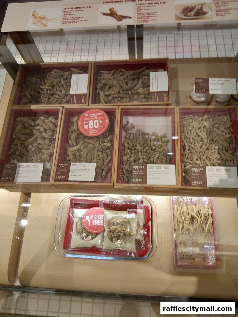 A display of various types of ginseng roots, with some promotional signage.
