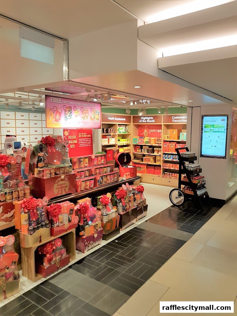 Eu Yan Sang shop interior showcasing gift sets, health supplements, and promotional displays.