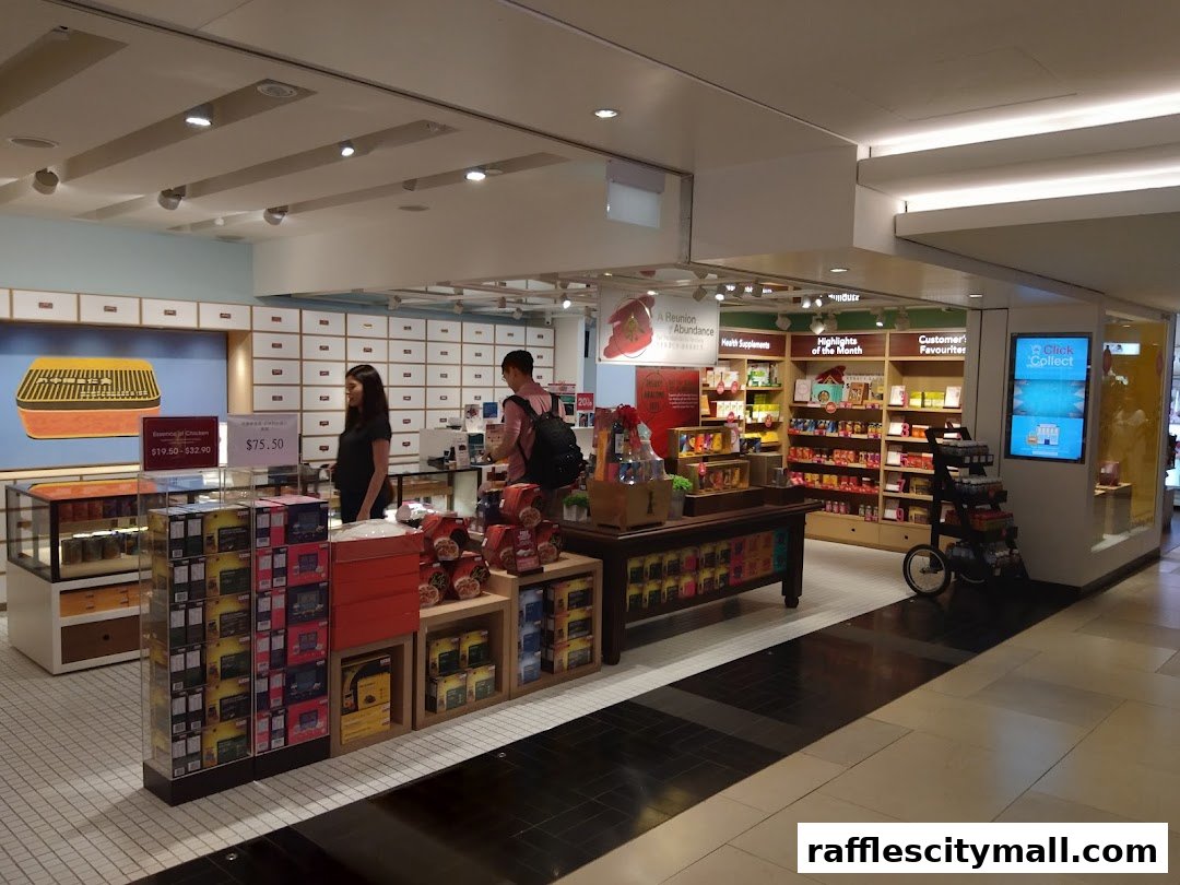 Interior view of a Eu Yan Sang shop with products displayed on shelves and a central table.