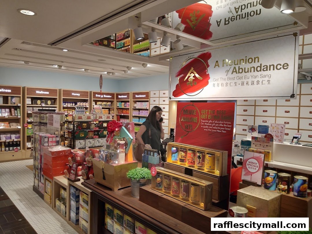 Interior view of a Eu Yan Sang shop with shelves stocked with health products and gift sets.
