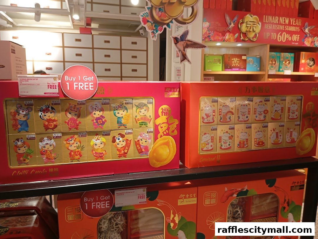 Eu Yan Sang shop display featuring Lunar New Year gift sets with festive packaging and promotions.