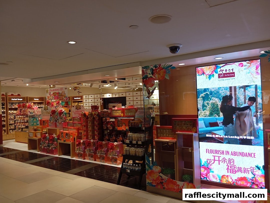 The interior of a Eu Yan Sang shop, showcasing a variety of health products and gift sets.