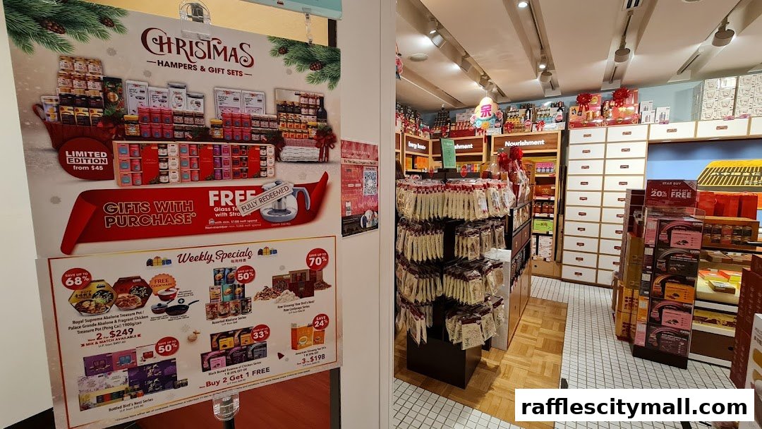 Interior view of a Eu Yan Sang shop showcasing Christmas hampers, gift sets, and weekly specials.