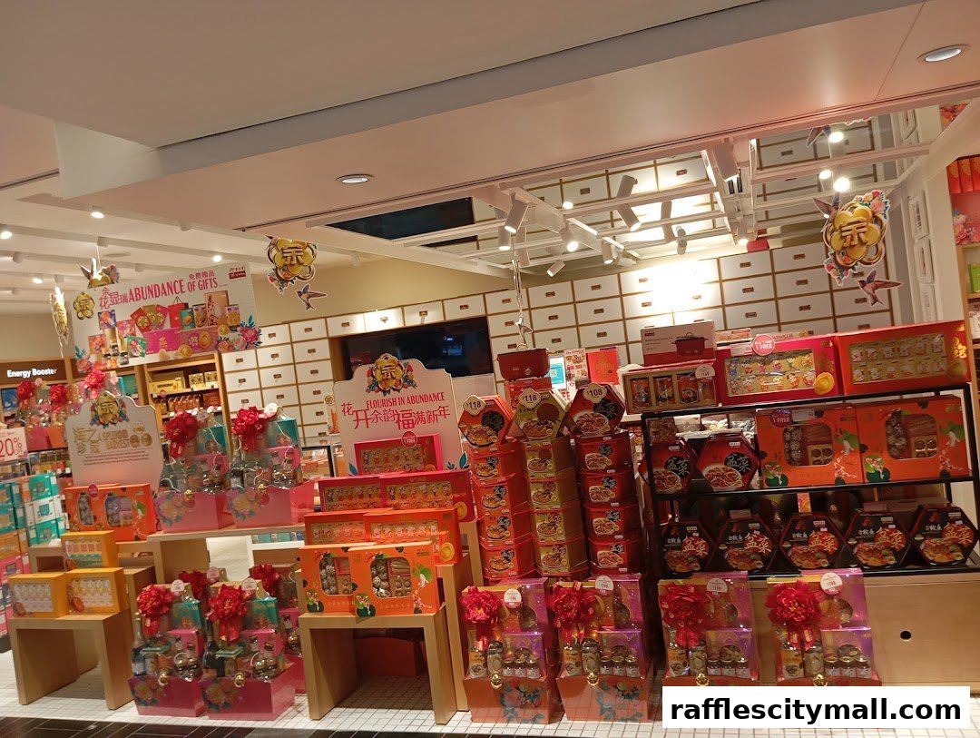 A retail shop display featuring numerous gift baskets and boxes, likely for a festive occasion.