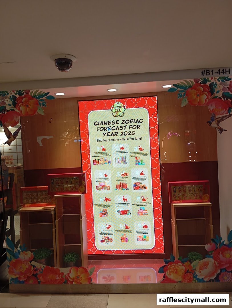 Eu Yan Sang shop window displaying Chinese Zodiac forecasts for 2025 with decorative elements.