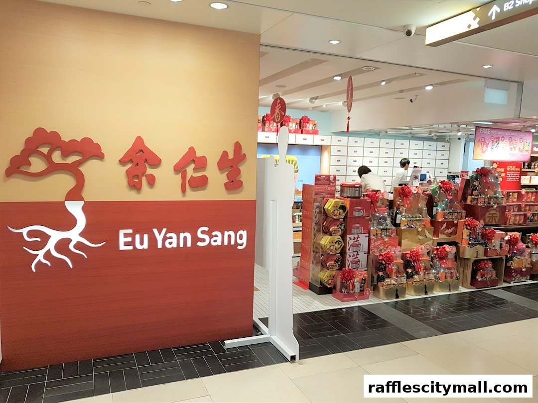 The entrance and interior of Eu Yan Sang, a traditional Chinese medicine shop, displaying gift baskets.