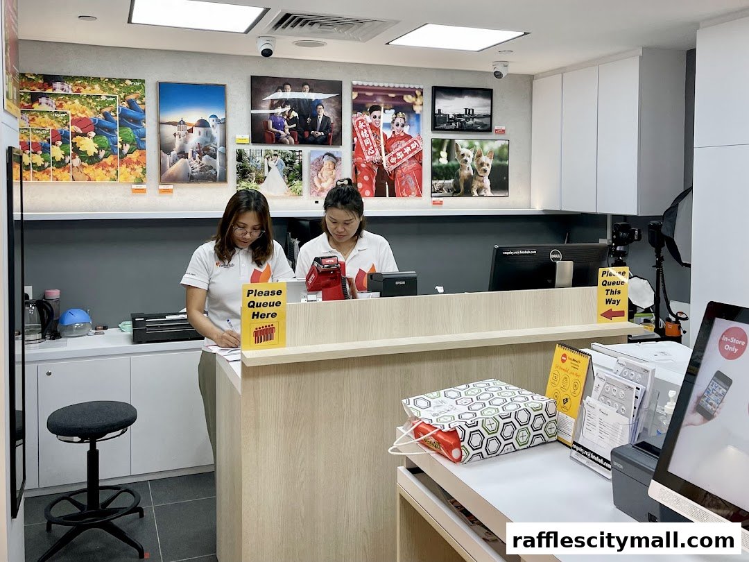 Two staff members at the counter of a photo printing and services shop, with framed photos on the wall.