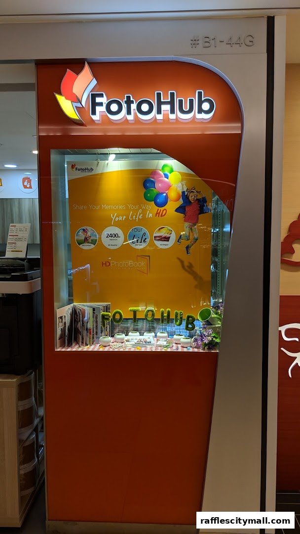 The FotoHub shop front displays its logo, services like HD PhotoBooks, and promotional materials.