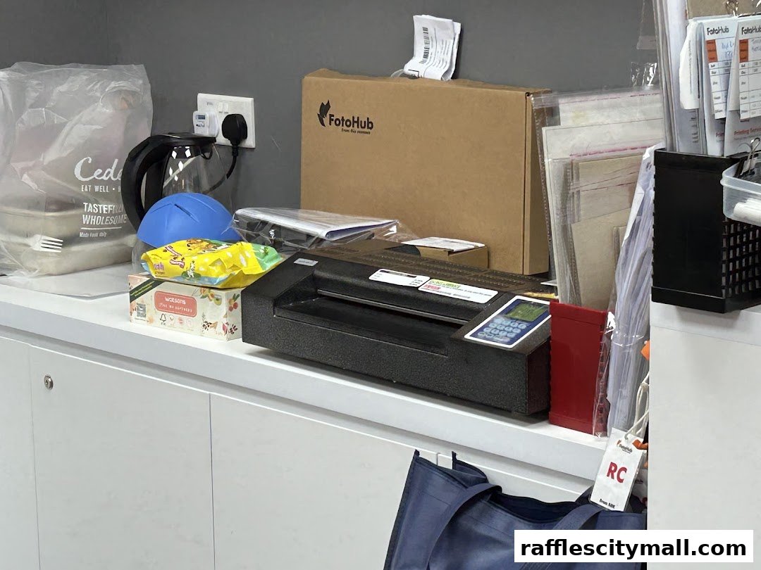 A counter with various items including a laminator, boxes, and bags, with a FotoHub logo visible.