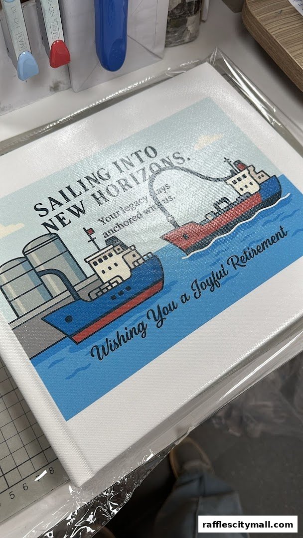 A canvas print with a nautical retirement theme, featuring ships and text.