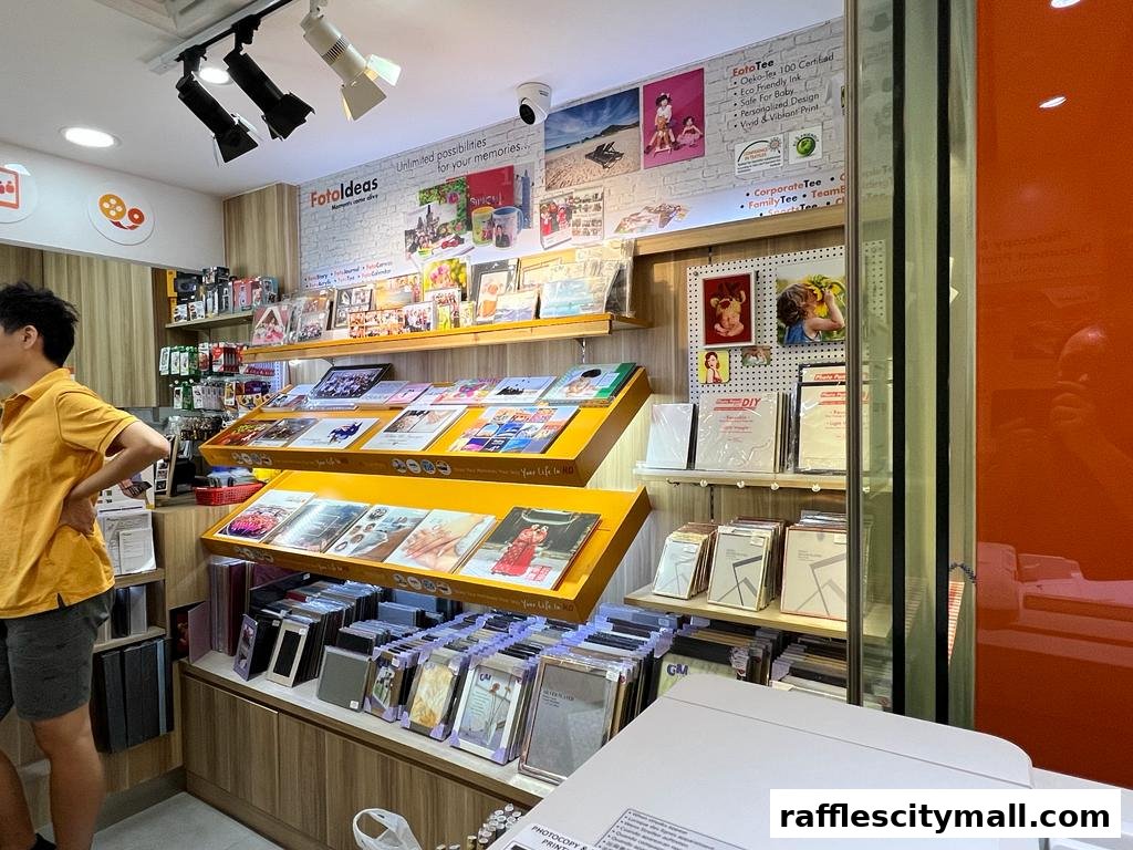 A man stands in a photo printing and gift shop displaying various photo albums and frames.