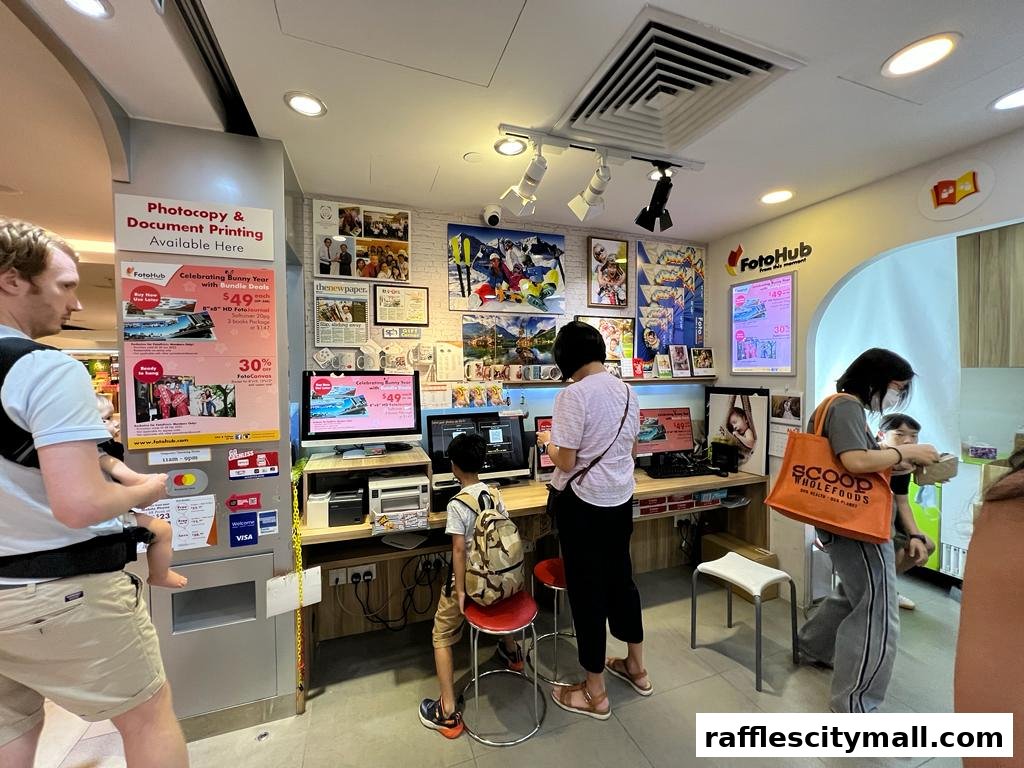 People at FotoHub Raffles City, a photo printing and document service shop.