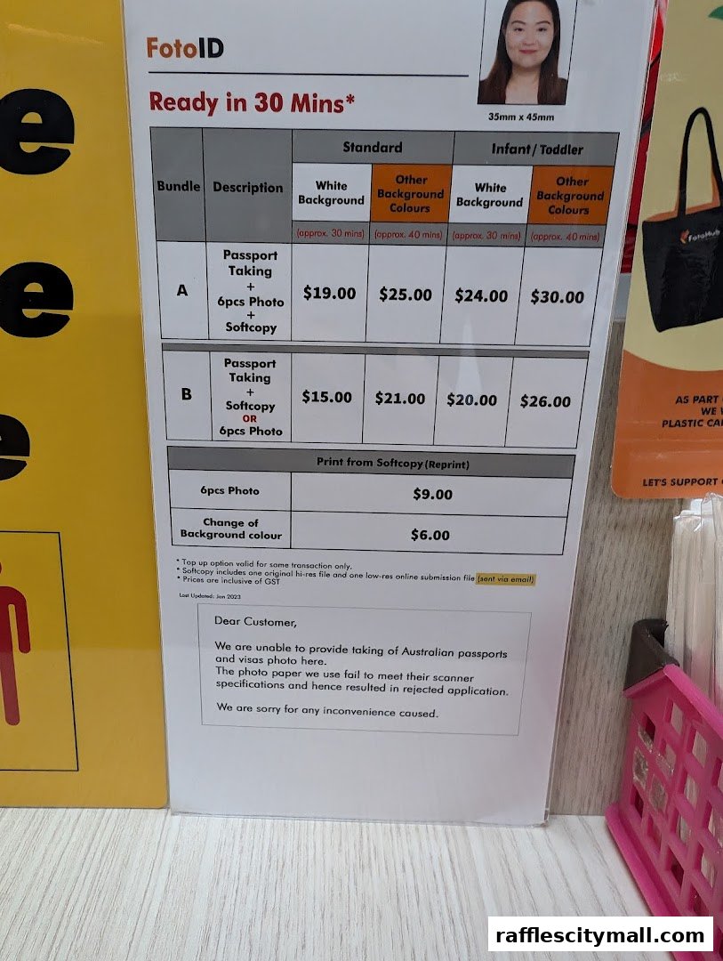 A price list for FotoID services, including passport photos and softcopies.